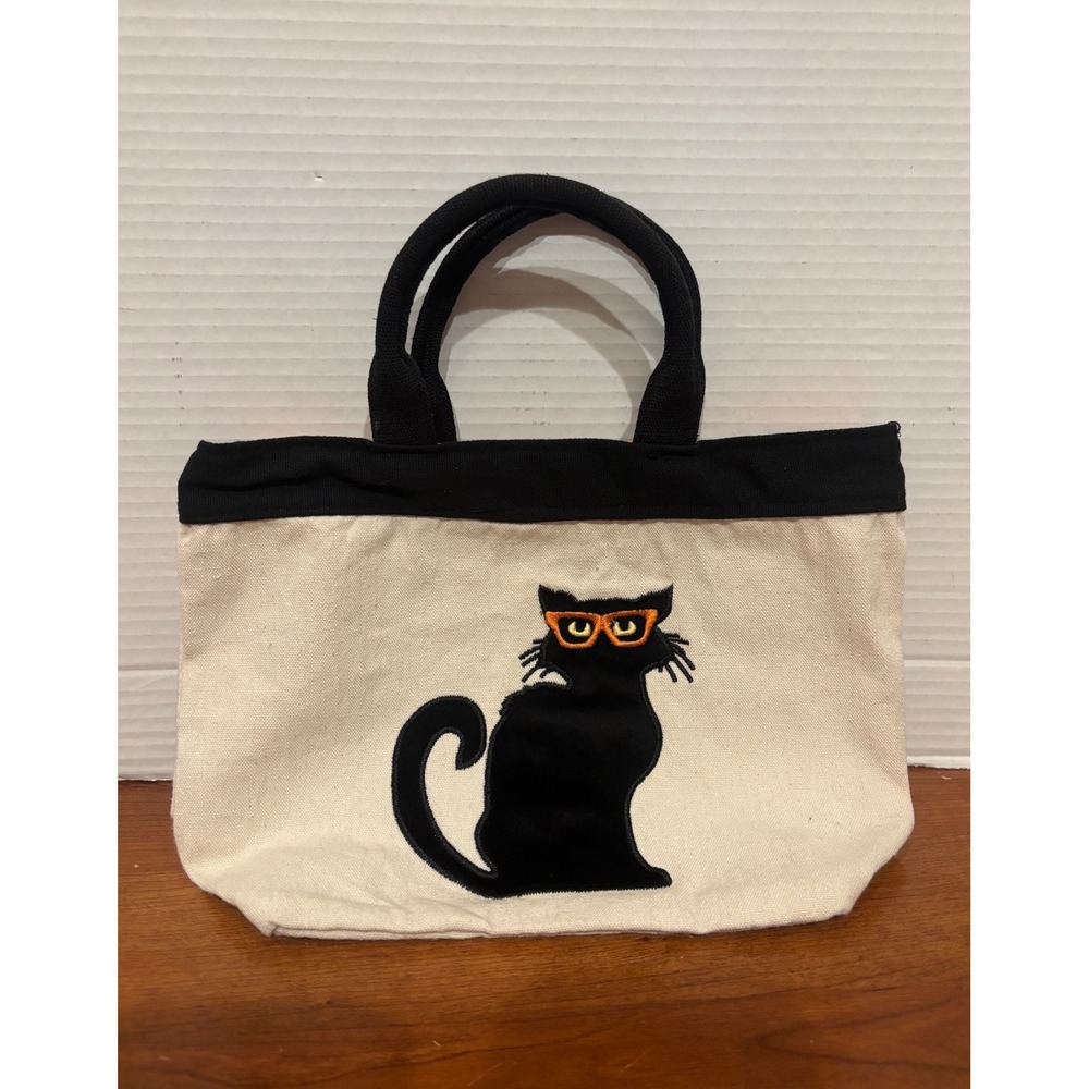 Black Cat with Glasses Canvas Mini Tote Bag Cream Orange Halloween Book Bag